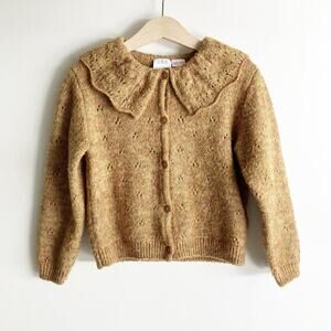 Zara Girls 4-5 Cardigan Sweater Pointelle Wide Collar Ochre Fall Autumn